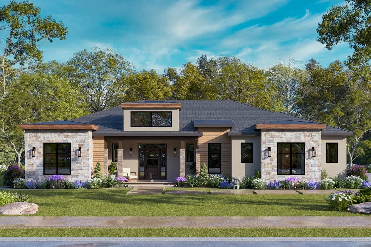 Plan 12341JL: Modern 3-Bedroom House Plan with Outdoor Kitchen and Two-Story Great Room - Image #6 - Modern