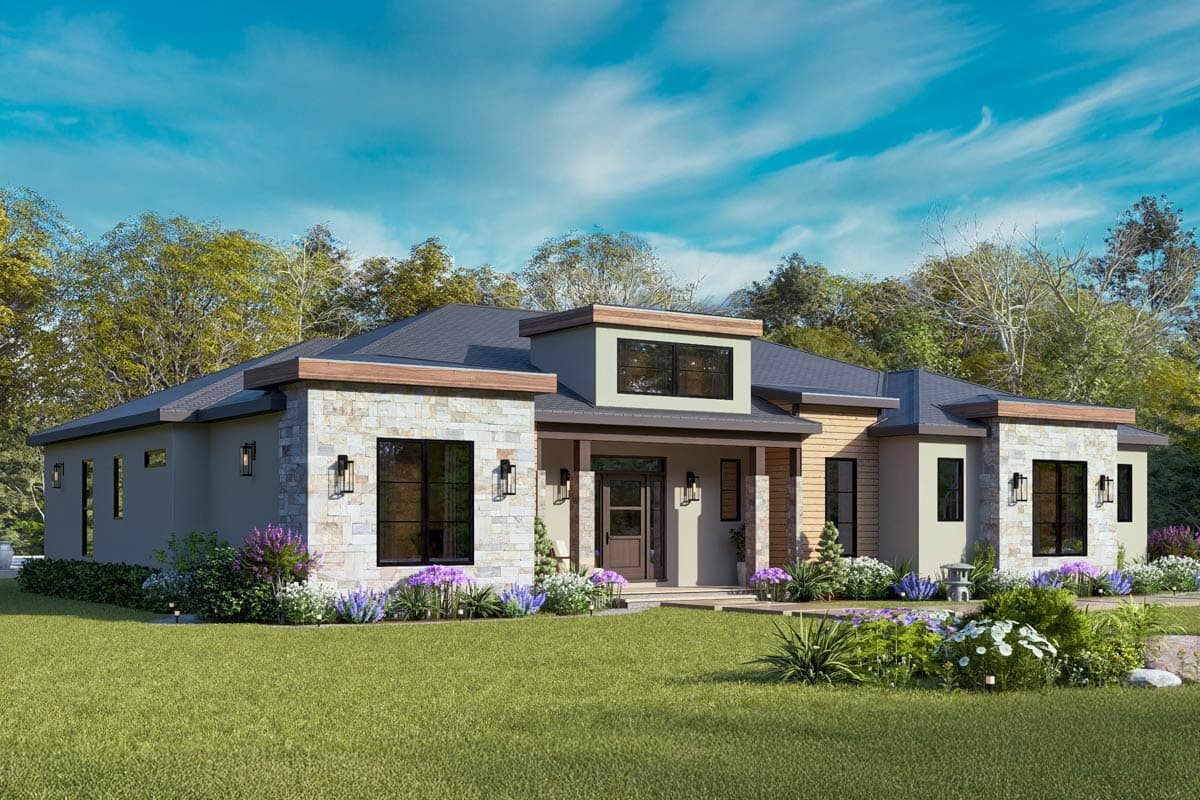 Modern ranch house plan exterior with stone accents, flat rooflines, and a recessed entry porch with wood-clad columns.