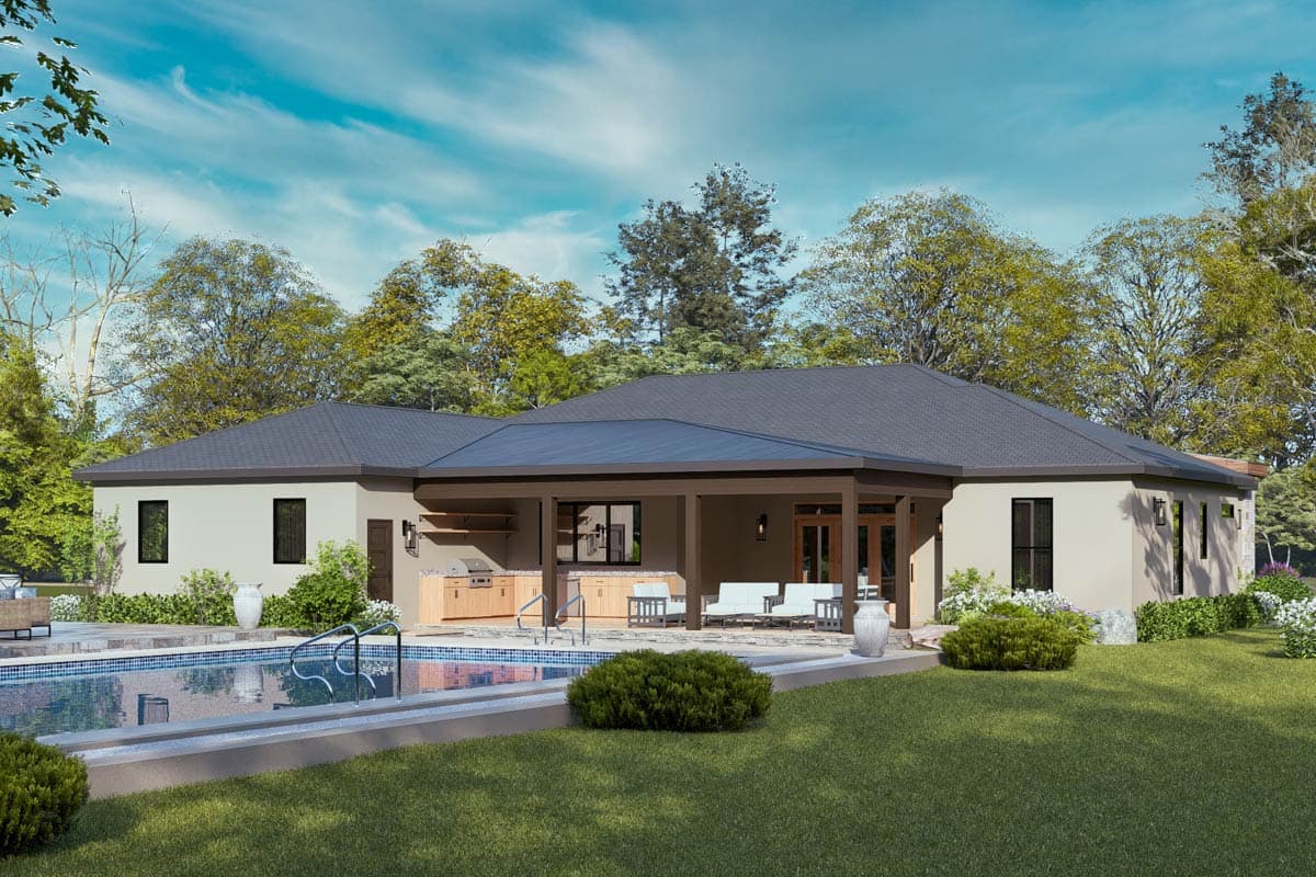 Plan 12341JL: Modern 3-Bedroom House Plan with Outdoor Kitchen and Two-Story Great Room - Image #9 - Modern