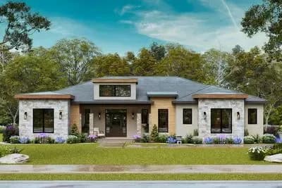 Modern 3-Bedroom House Plan with Outdoor Kitchen and Two-Story Great Room