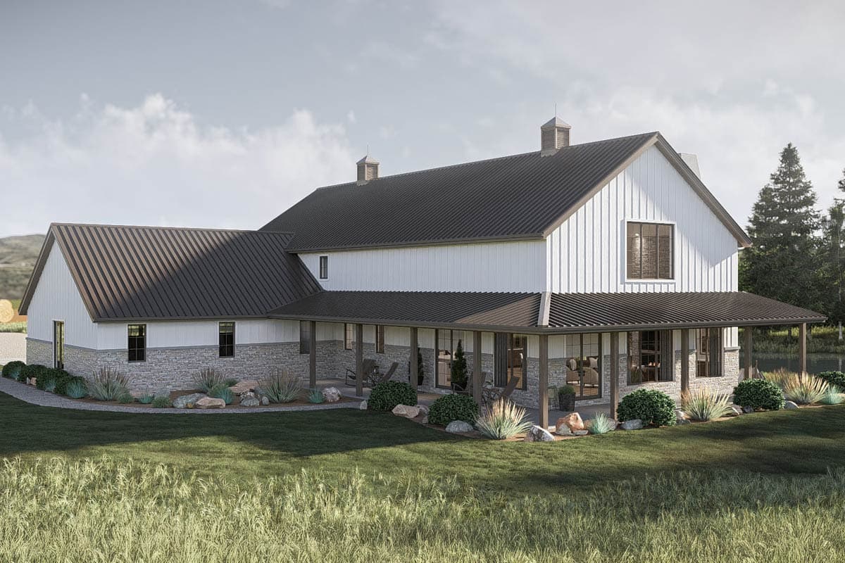 Modern farmhouse house plan exterior with board and batten siding, stone base, and wraparound porch with metal roof.