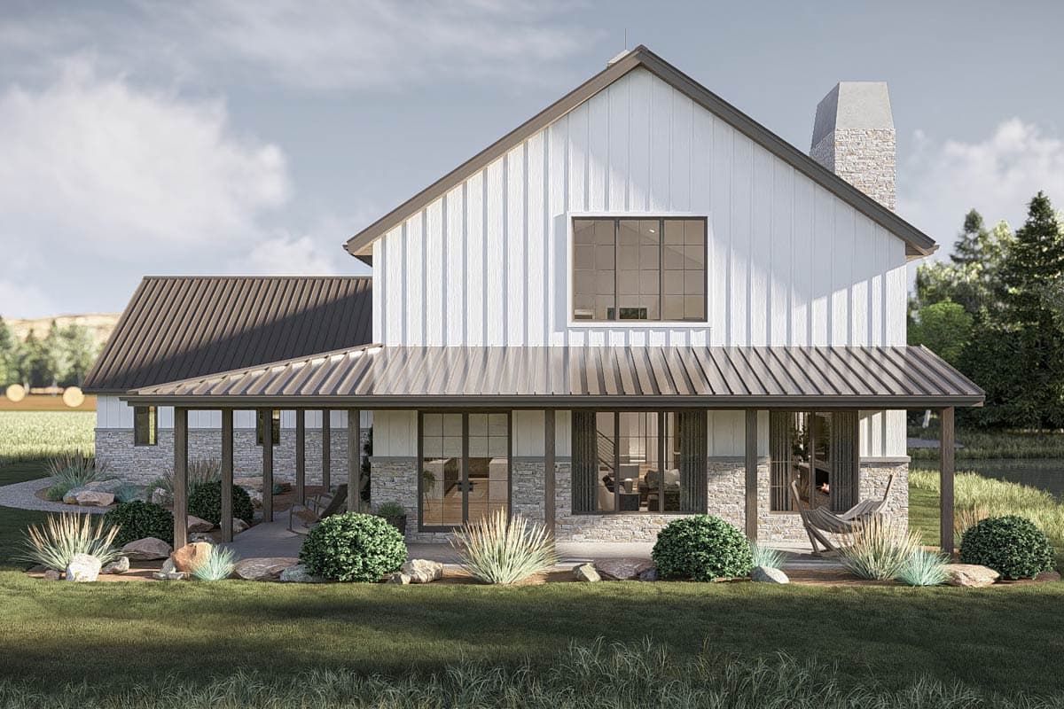 Modern Farmhouse style house plan exterior with white vertical siding, metal roof, stone accents, and covered porch.