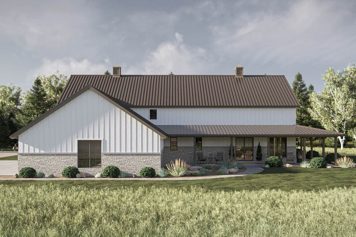 Modern Farmhouse house plan exterior with board and batten siding, stone base, metal roof, and covered porch.