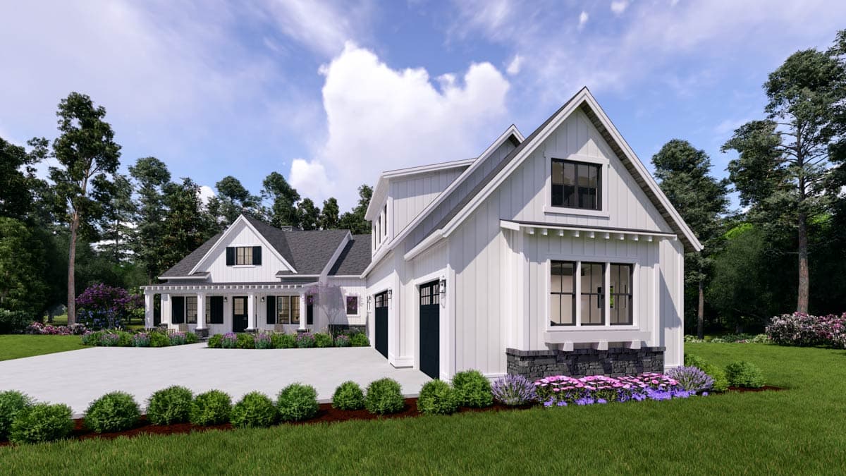 Modern Farmhouse house plan exterior, white board-and-batten siding, gabled roof, covered front porch, and attached two-car garage.