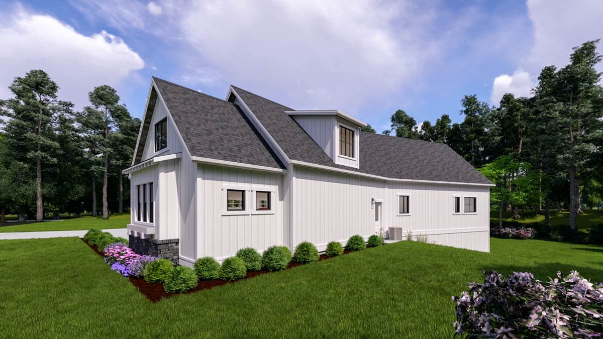 Modern Farmhouse house plan exterior, two stories, featuring gabled roof, dormer, and board-and-batten siding.
