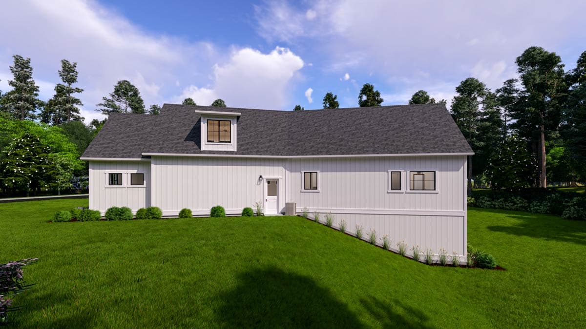 House plan exterior: Modern Farmhouse style, one story with dormer, board and batten siding, and simple roofline.