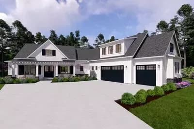 Expansive Modern Farmhouse House Plan with 3 Beds and Angled 3-Car Garage