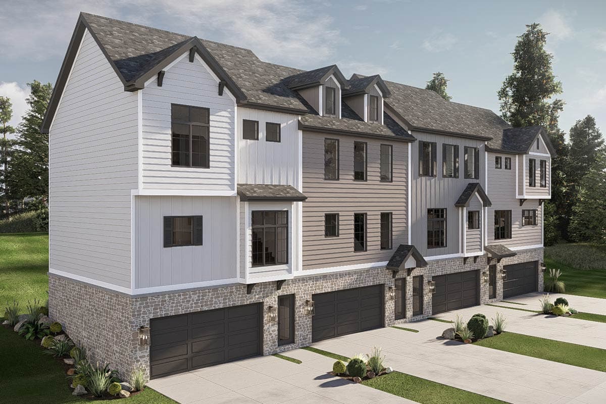 Modern Farmhouse house plan exterior with multi-story units, gables, dormers, mixed siding, and stone base garages.