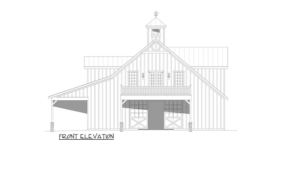 Front elevation of a barn-style house plan with two garage doors, a second-story balcony, and a cupola.