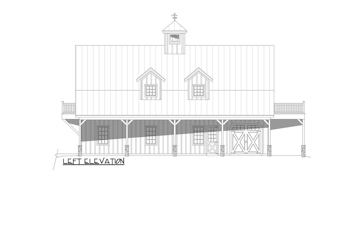 Left elevation house plan: two dormers, cupola, covered porch, and double garage doors.