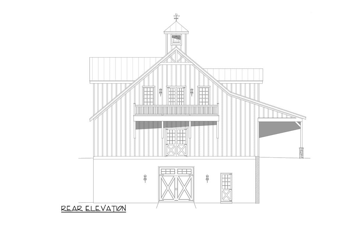 Rear elevation drawing of a barn-style house plan with a balcony, double doors, and a covered porte-cochère.