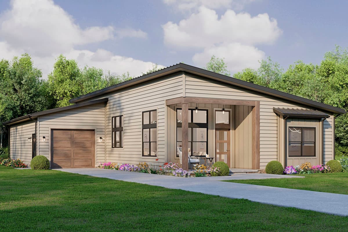 Plan 911055JVD: Contemporary 3-Bedroom House Plan with Split Layout and Side Garage - Image #3 - Contemporary, Cottage, Florida-Style, Transitional, Vacation