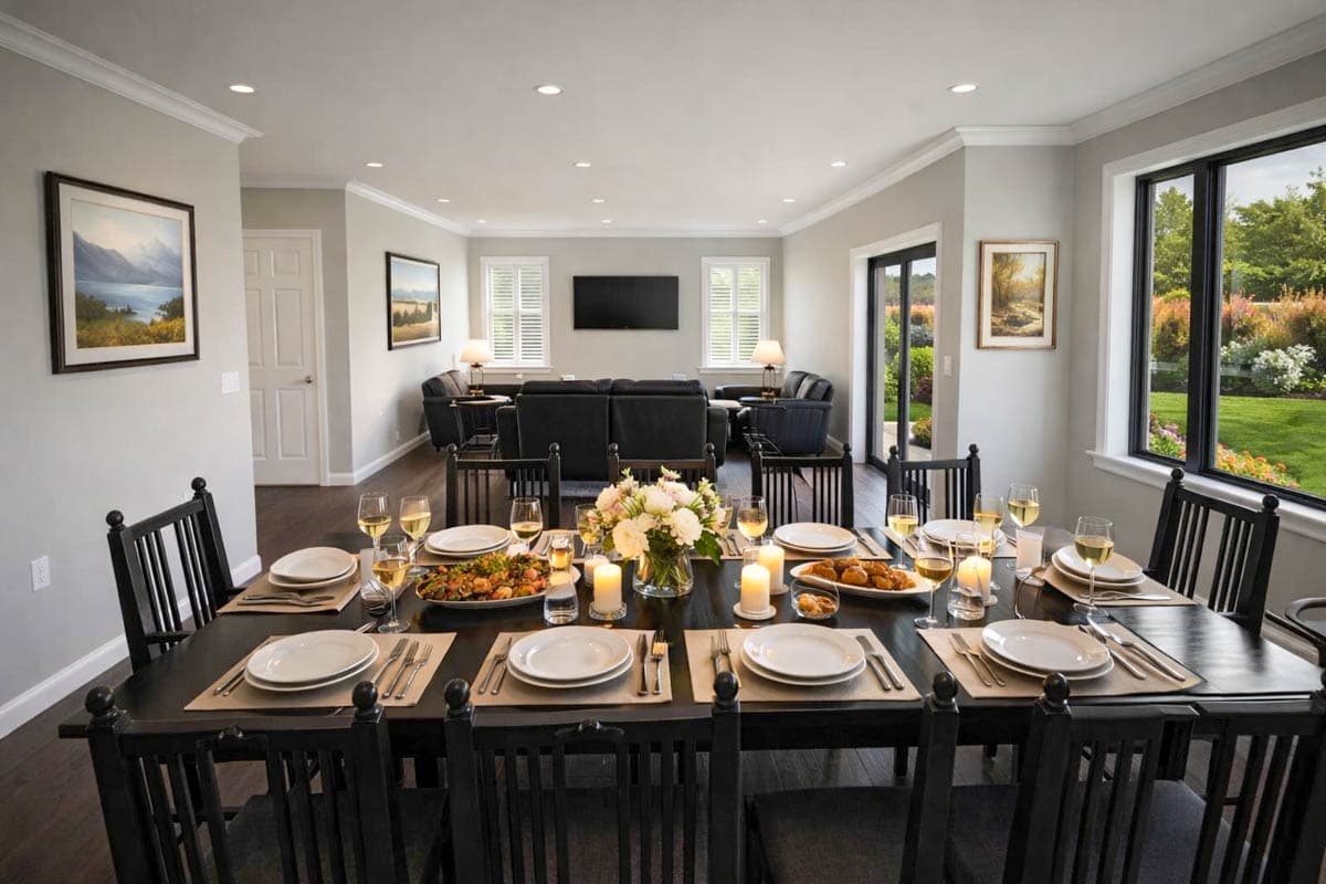 Dining room with large table set for a meal, connecting to a living area with sofas and a TV.