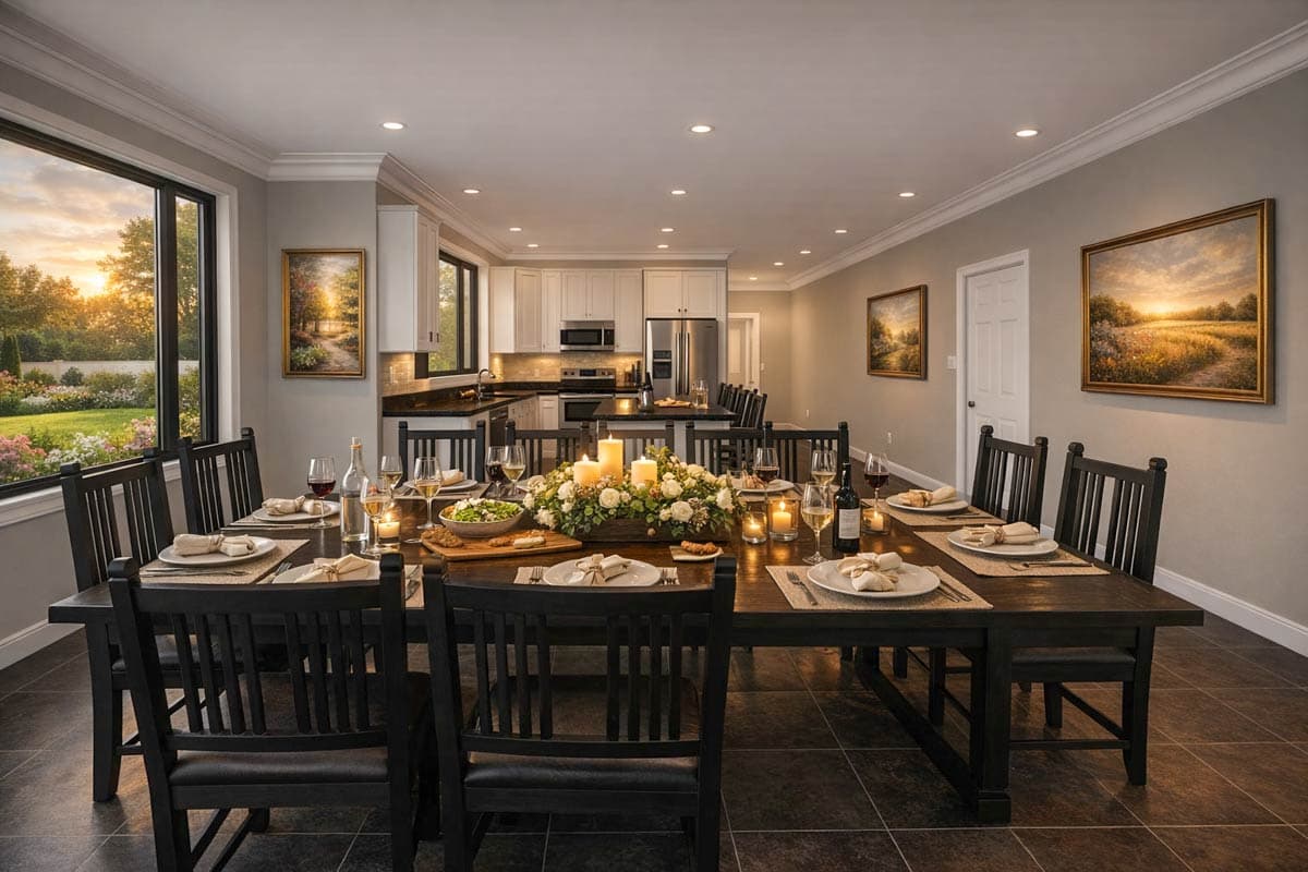 Interior rendering of a dining room with a long table set for a meal, adjacent to an open-plan kitchen with white cabinets.