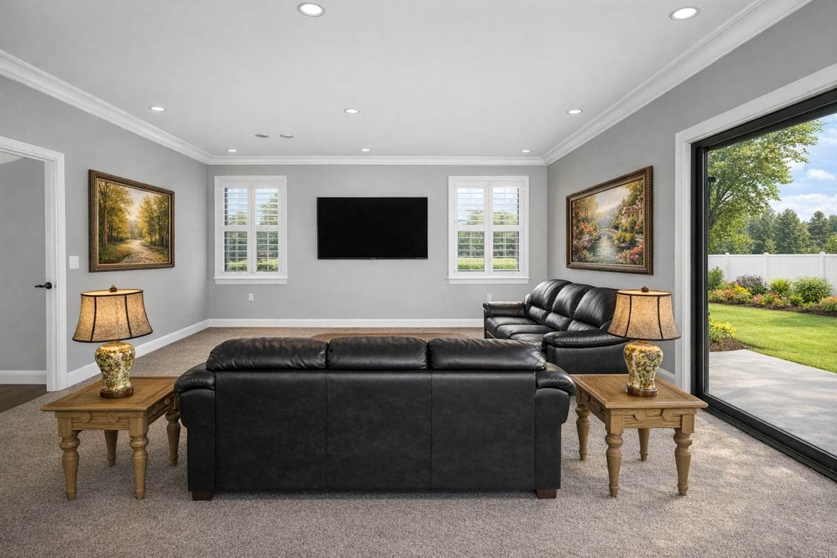 Contemporary living room with black leather sofas, mounted TV, plantation shutters, and large sliding glass doors opening to a backyard patio.