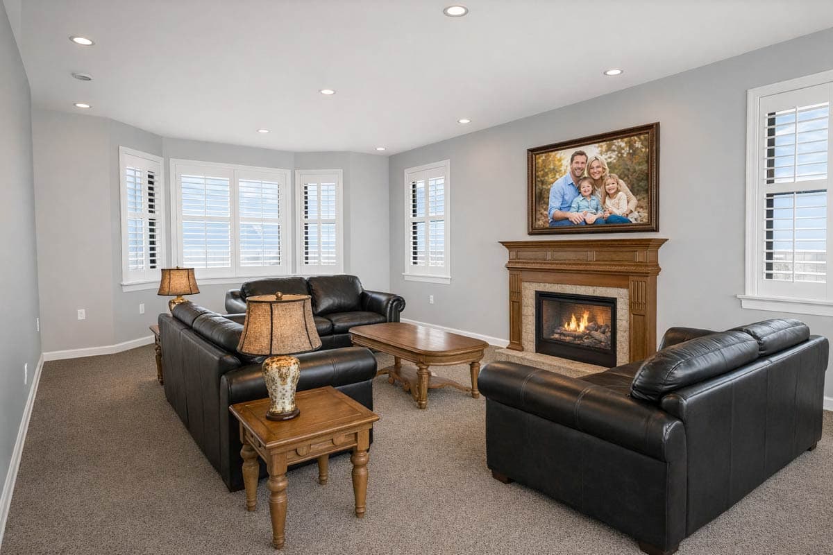 Living room with fireplace, family portrait, leather sofas, coffee table, and bay windows with shutters.