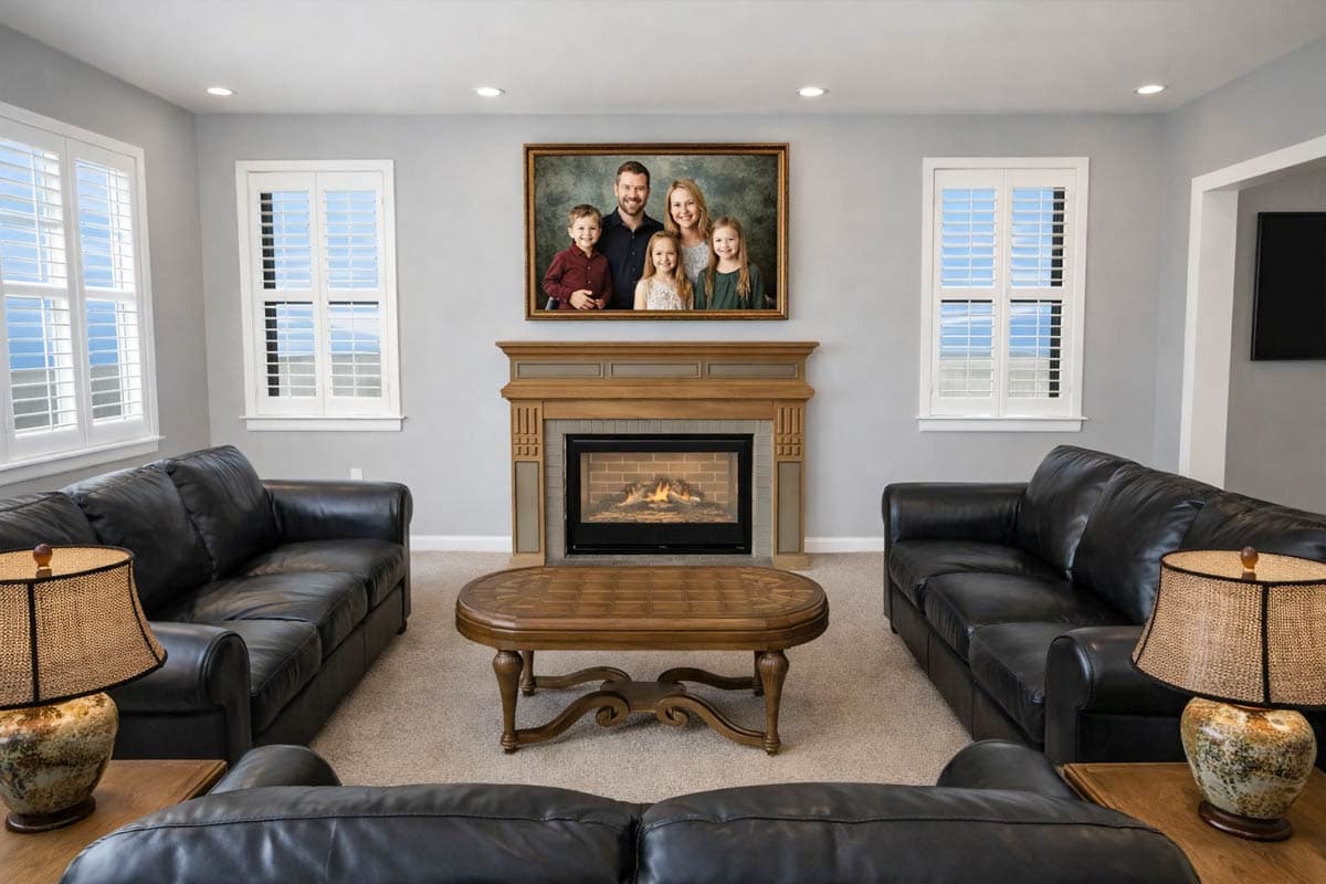 Living room with fireplace, wood mantel, two sofas, oval coffee table, and plantation shutters on windows.