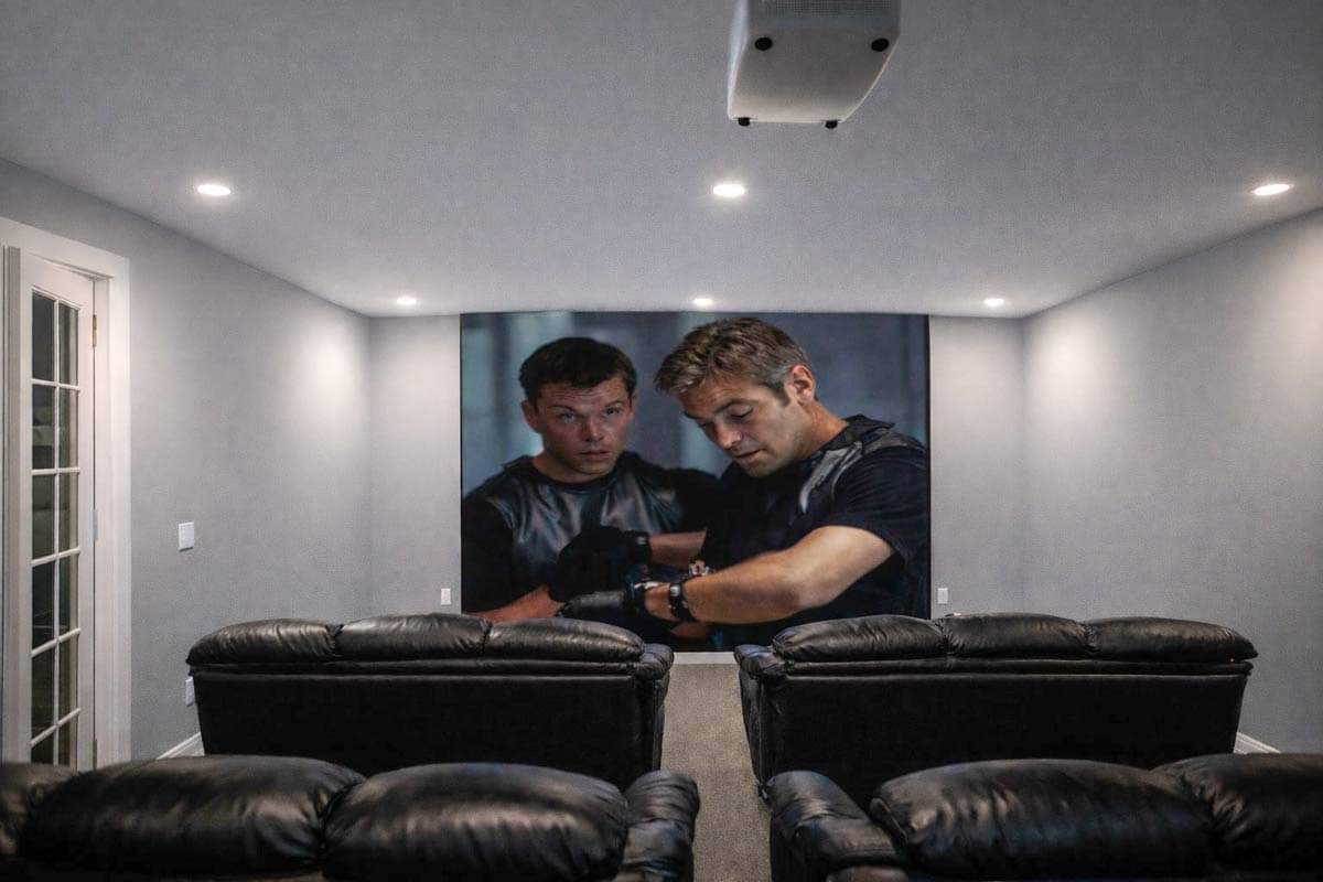 Home theater room with black leather seating, projector, and large wall mural.
