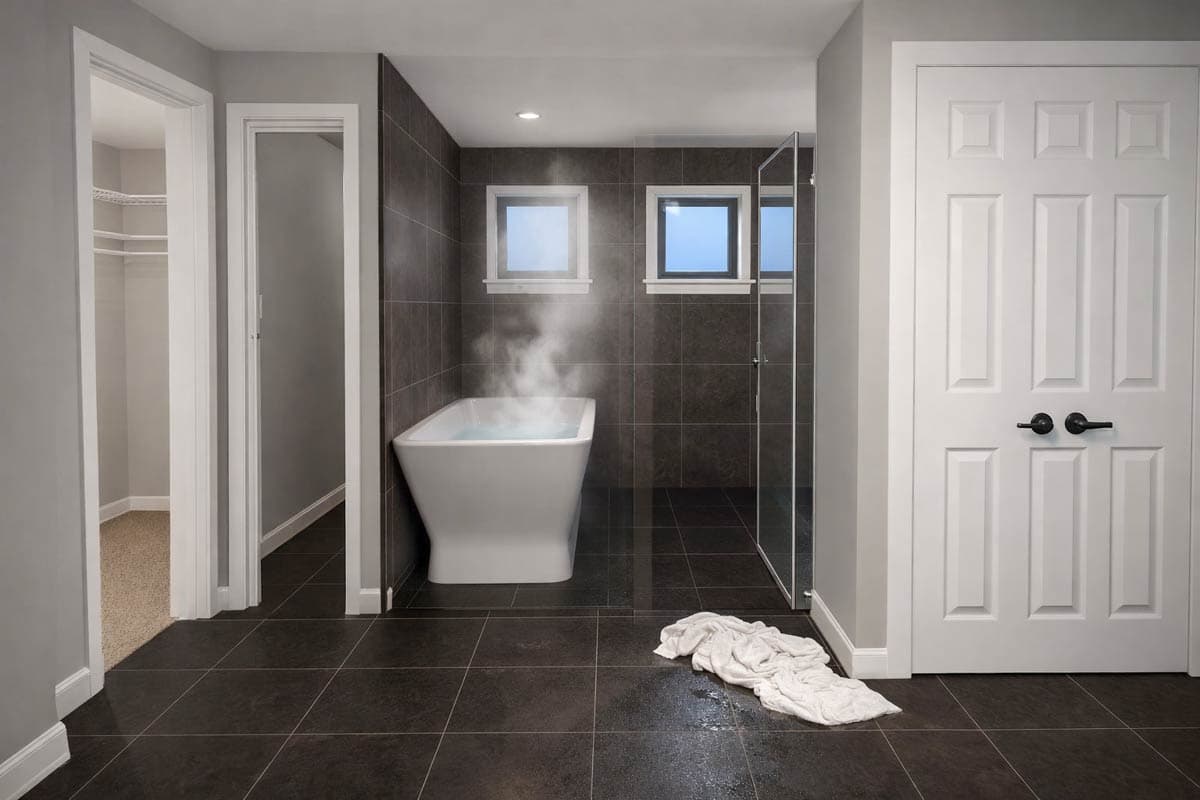 Modern bathroom with freestanding tub, walk-in shower, and double doors leading to closet and hallway.