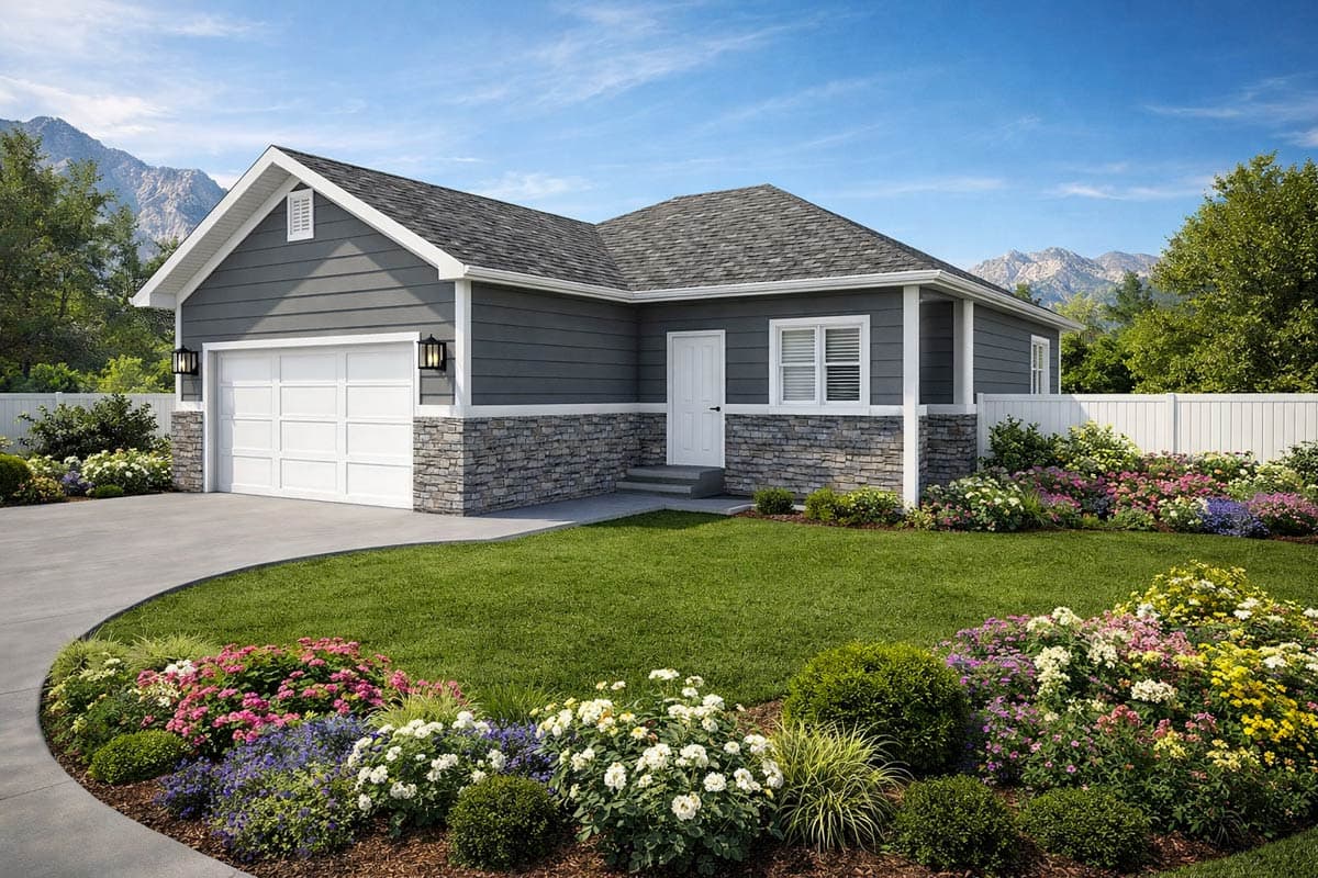 House plan exterior: single-story Modern Farmhouse with attached garage, stone wainscoting, and gable vent.