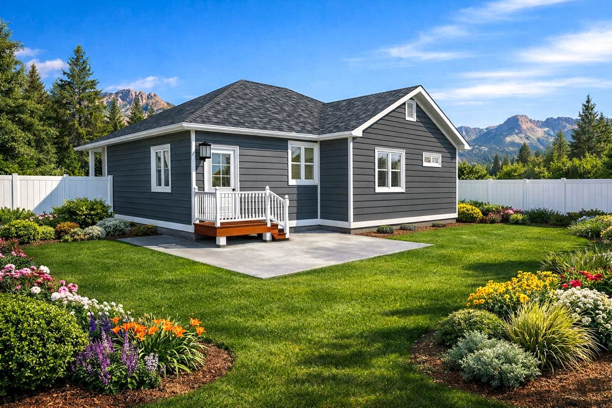 House plan exterior: Single-story home with dark gray siding, white trim, asphalt shingle roof, and small front porch.
