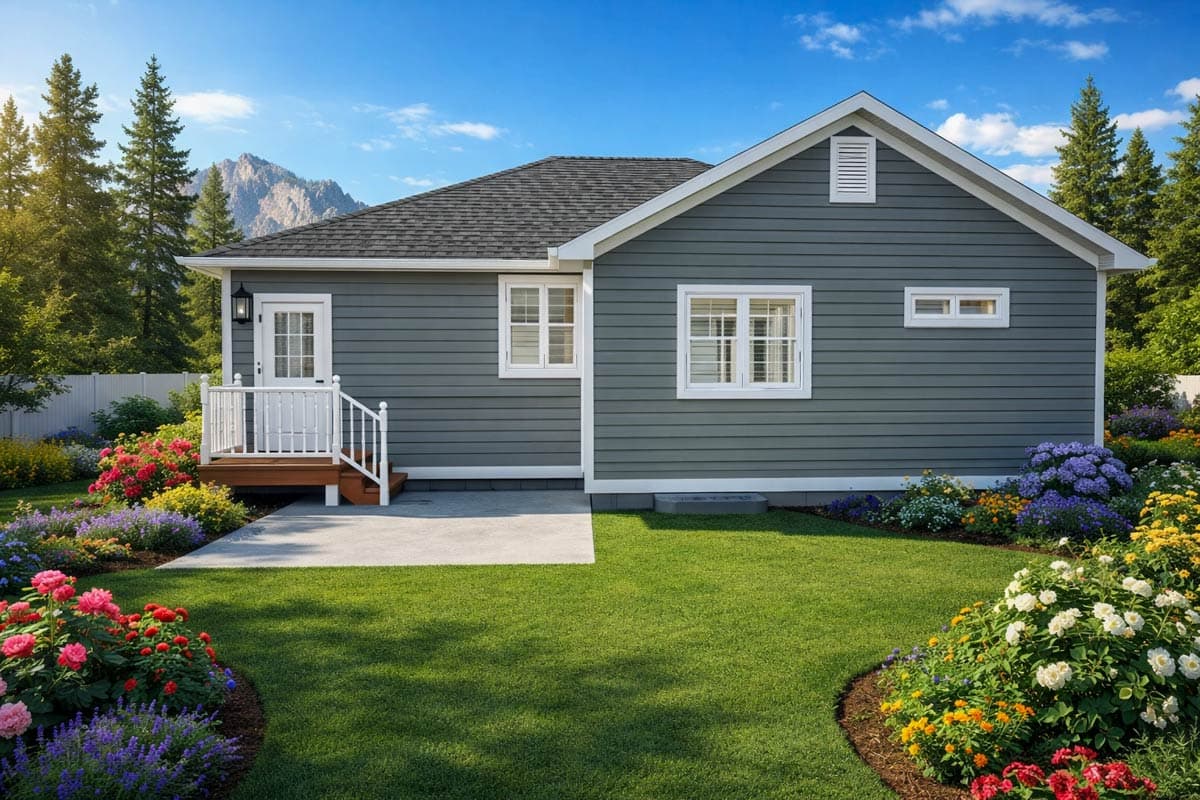 House plan exterior: Ranch style, single story, with a gabled roof, front porch, and lap siding.