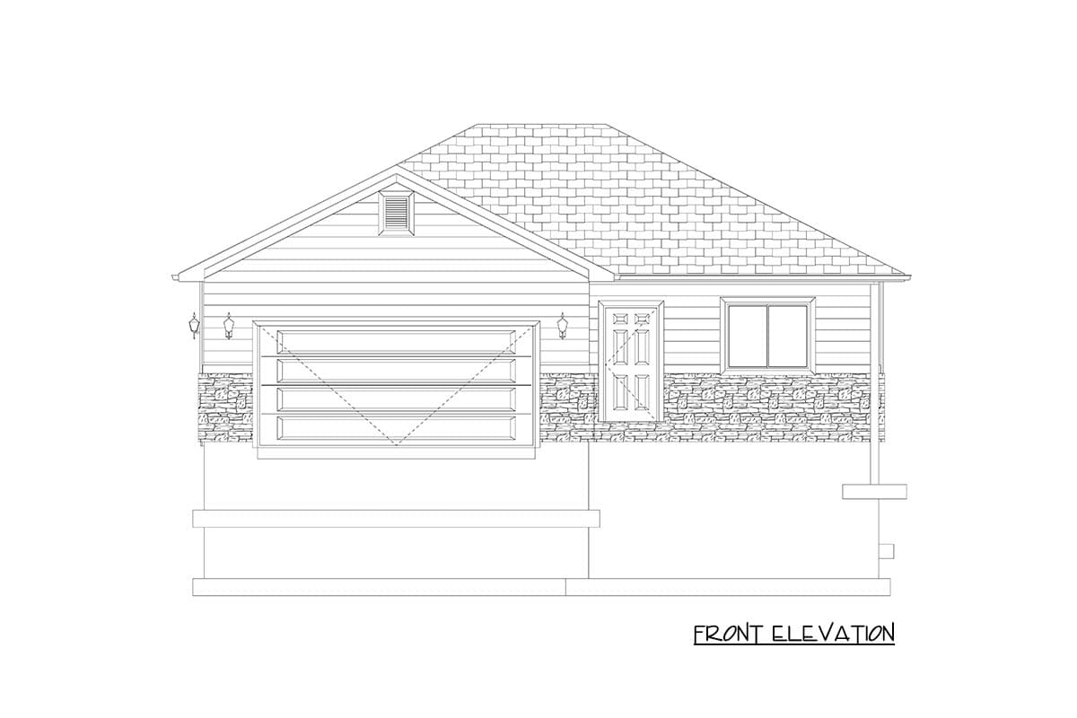 Front elevation drawing of a one-story house plan with a two-car garage, stone wainscoting, and a prominent gable.