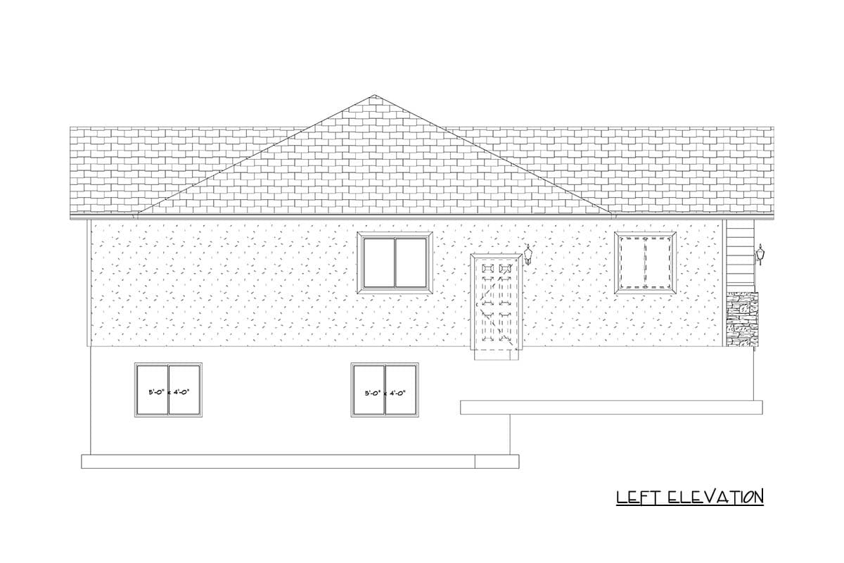 Left elevation of house plan showing a side view with a sloped roof, two windows, and a front door.