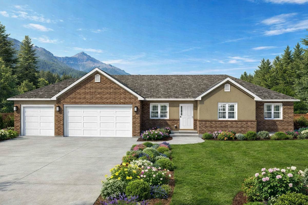 A rendered image depicts a single-story home with a brick exterior, a driveway, and colorful flower beds. Mountains and trees form the backdrop.