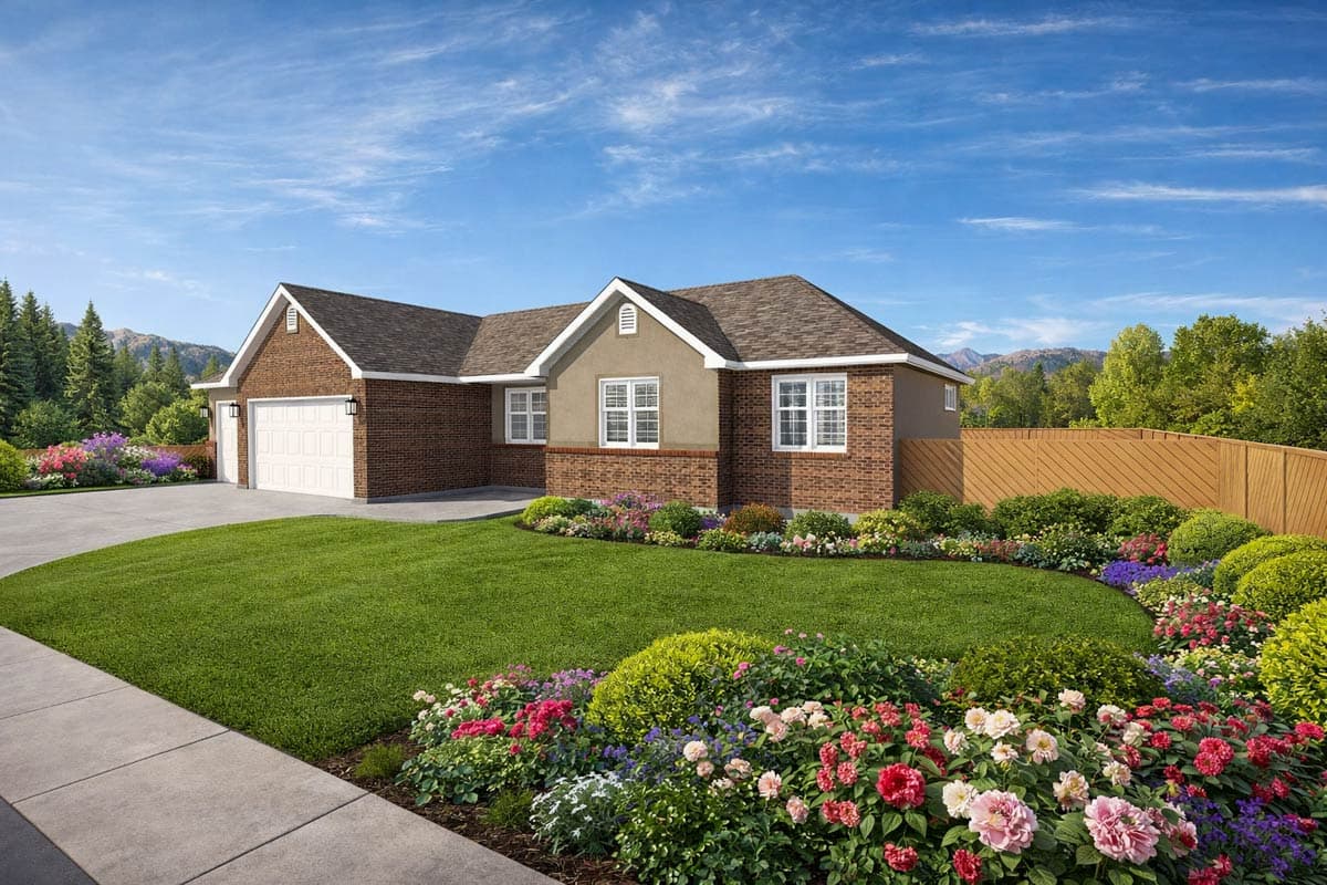House plan exterior: One-story Modern Farmhouse with brick facade, gable roof, and attached two-car garage.