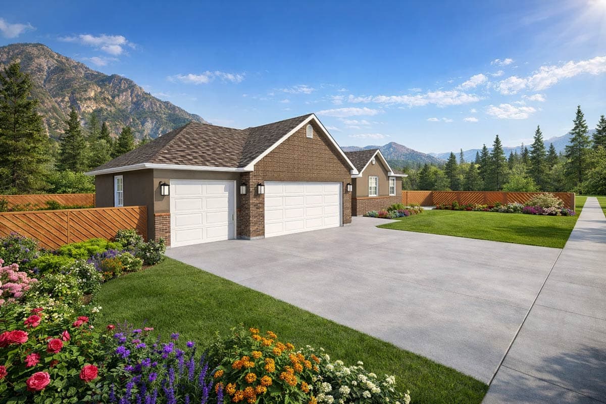 House plan exterior features a three-car garage, brick accents, gables, and a sloped roofline against a mountainous backdrop.