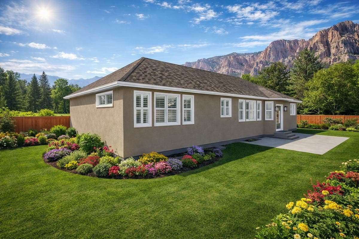 Ranch style house plan exterior, single story with prominent gables, multiple large windows, and a covered rear patio.