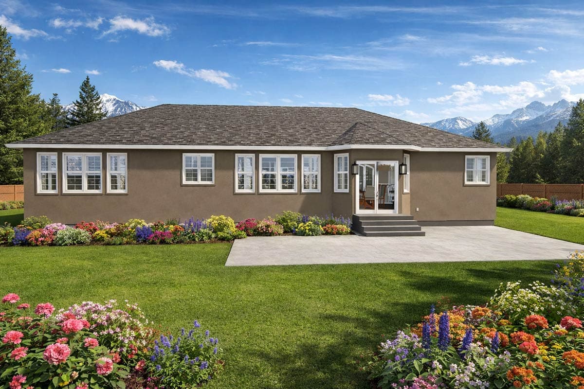 House plan exterior: Ranch style, one story, with a large patio, double glass doors, and many windows.