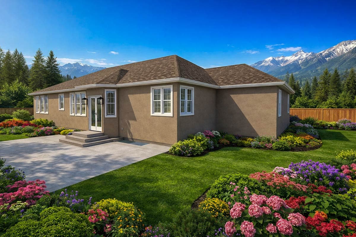 Ranch style house plan exterior with multiple gables, wide windows, double door access to patio, and surrounded by colorful flower beds.
