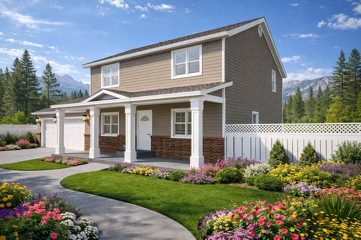 Two-story house plan exterior with a covered porch, brick wainscoting, gabled roofline, and a two-car garage.