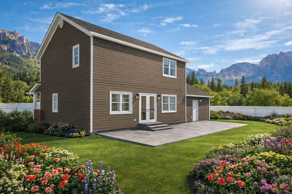 House plan exterior: Two-story home with horizontal siding, prominent gable, French doors, and attached garage.