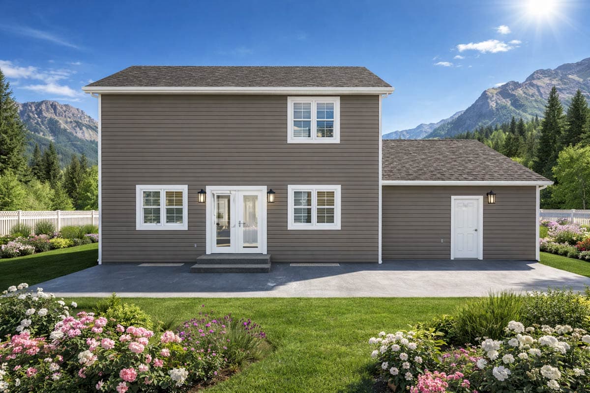 House plan exterior: Two-story home with double doors, multiple windows, attached garage, and pitched rooflines.