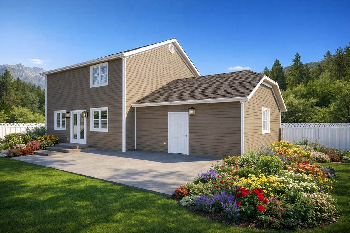 House plan exterior: Two-story home with attached garage, siding, double front doors, and gabled roof.