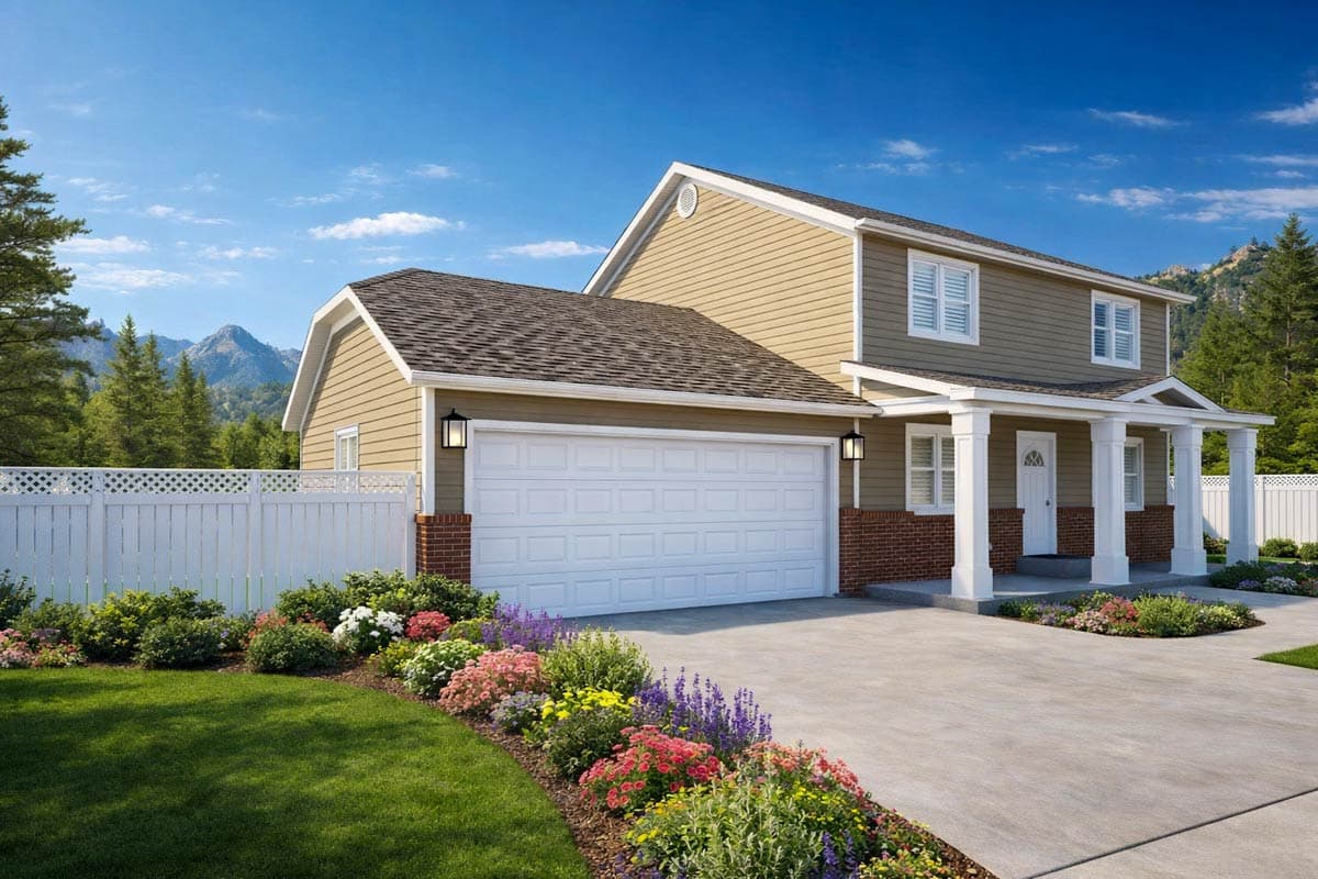 Two-story house plan exterior with tan siding, white trim, a covered porch, and a two-car garage.