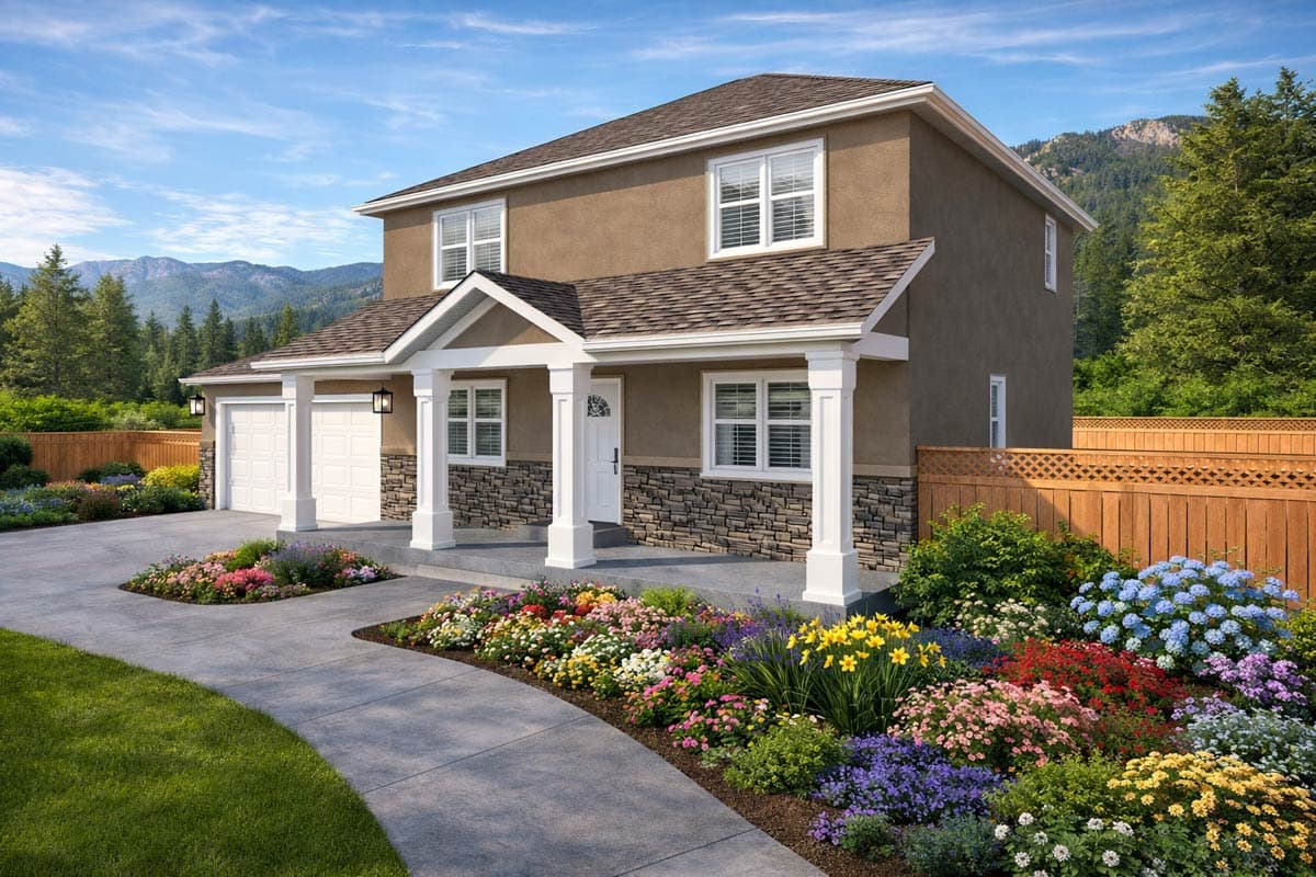 Two-story house plan exterior with stone accents, a covered front porch with columns, and a three-car garage.