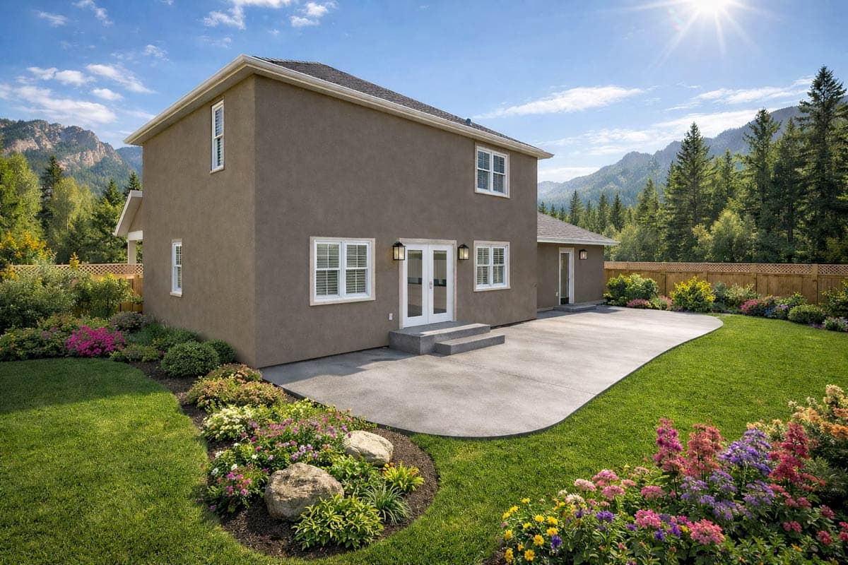 Two-story house plan exterior with stucco finish, double doors, multiple windows, and a patio in a landscaped yard.