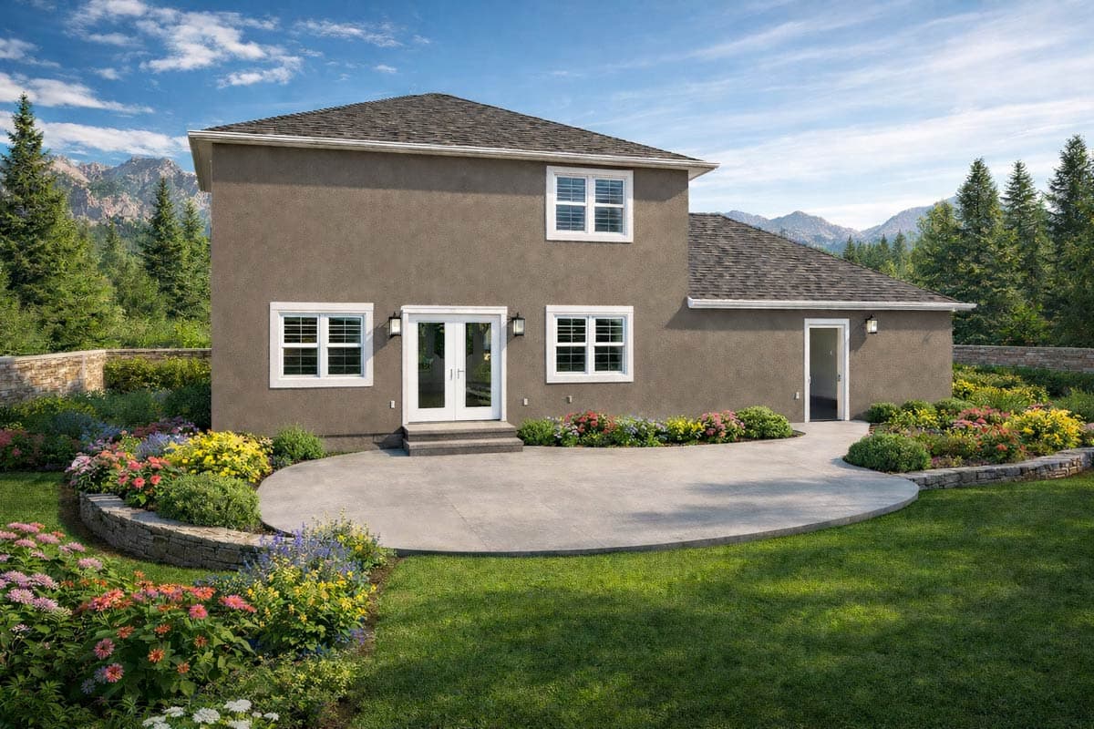 House plan exterior: two-story stucco home with gable roof, double door entry, multiple windows, and attached garage.
