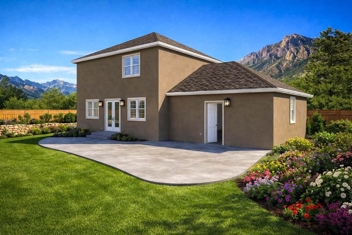 House plan exterior: Two-story stucco house with attached garage, French doors, and a patio in a mountain landscape.