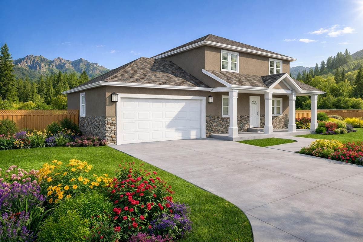 Two-story house plan exterior with stone accents, prominent gable over front entrance, white columns, and attached garage.