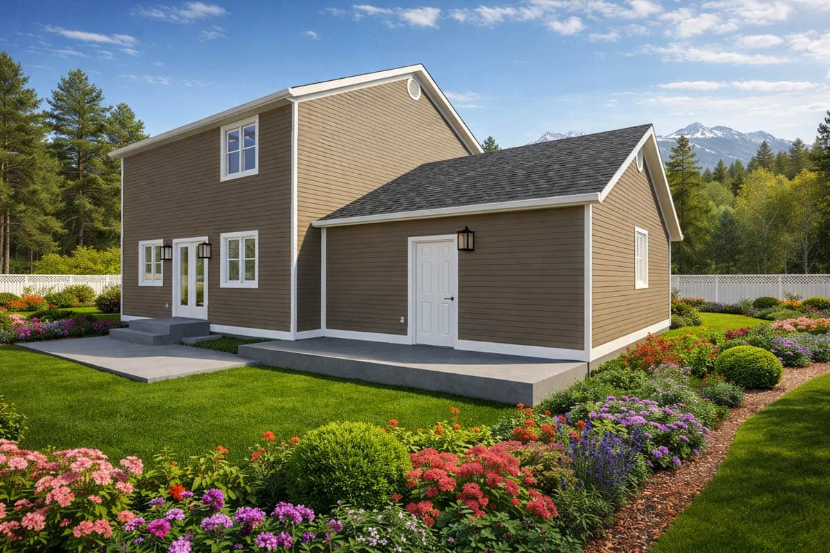 House plan exterior: Two-story structure with double doors, multiple windows, and an attached single-story section with a single door.