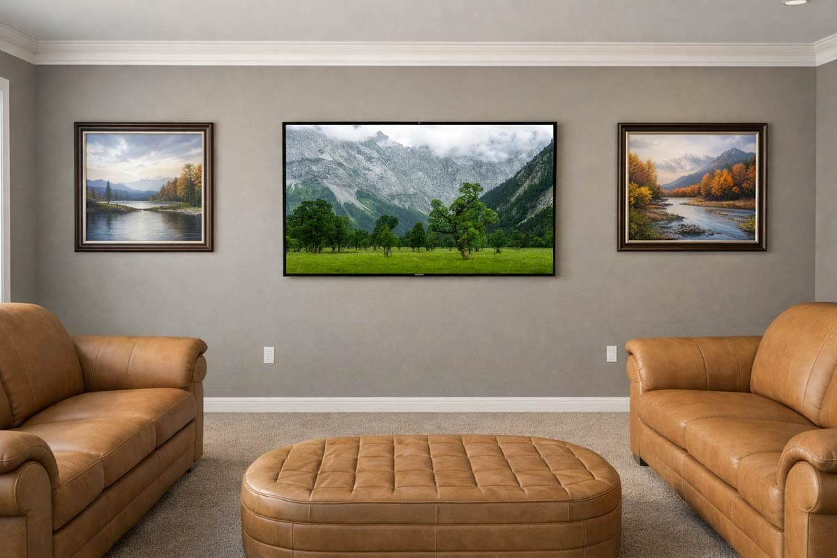 Living room with three landscape paintings and two brown leather sofas flanking a large ottoman.