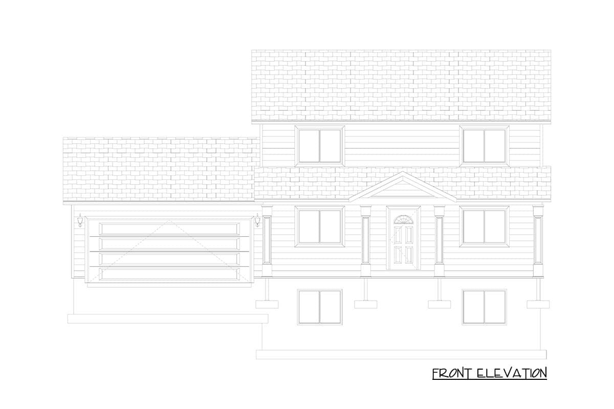 Front elevation of a two-story house plan featuring a covered entry porch with columns, double garage, and varied rooflines.