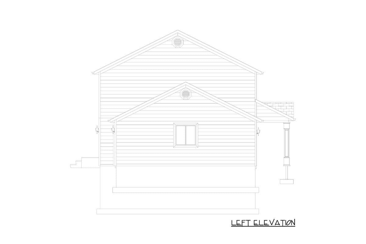 Left elevation drawing of a two-story house plan with gabled dormers, horizontal siding, and a covered porch with a single column.