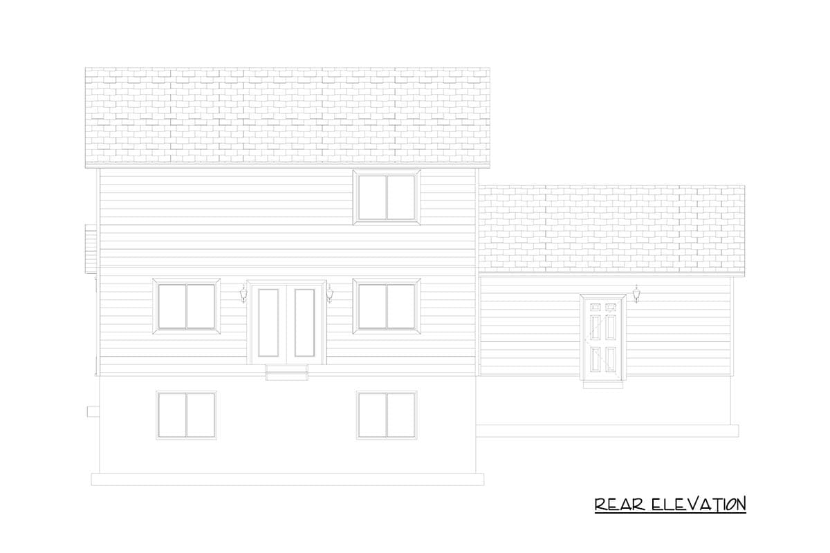 Rear elevation drawing of a two-story house with double doors, multiple windows, and a side door.