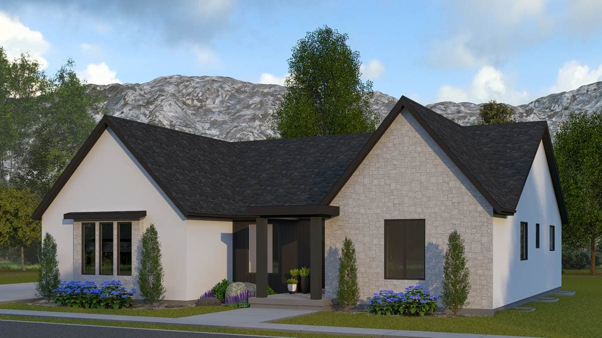 House plan exterior: Modern style, one story with gabled roof, stone accent facade, and covered entry.